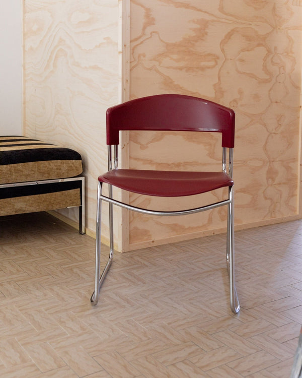 Vintage 1980s Dining chair by Paolo Favaretto for Assisa, stckable Design Italy 1986 - chrome and plastic in red - design classic_Bottega Jacobs