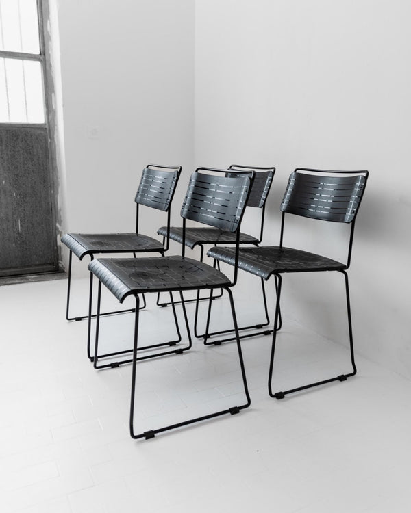 Vintage 1980s Dining Chairs, Set of 4, Postmodern Design, Black Metal and Plastic, Check Texture, Minimal Italian Design, Retro Interior_Bottega Jacobs