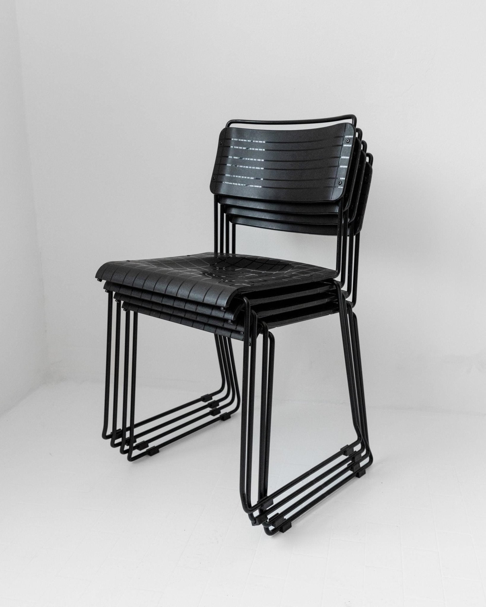 Vintage 1980s Dining Chairs, Set of 4, Postmodern Design, Black Metal and Plastic, Check Texture, Minimal Italian Design, Retro Interior_Bottega Jacobs