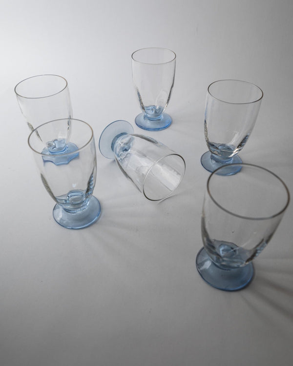 Vintage 1980s Drinking Glasses Set of 6, Clear Glass with Blue Stems, for Wine, Cocktails or Water, Elegant Tableware, Timeless Gift Idea_Bottega Jacobs