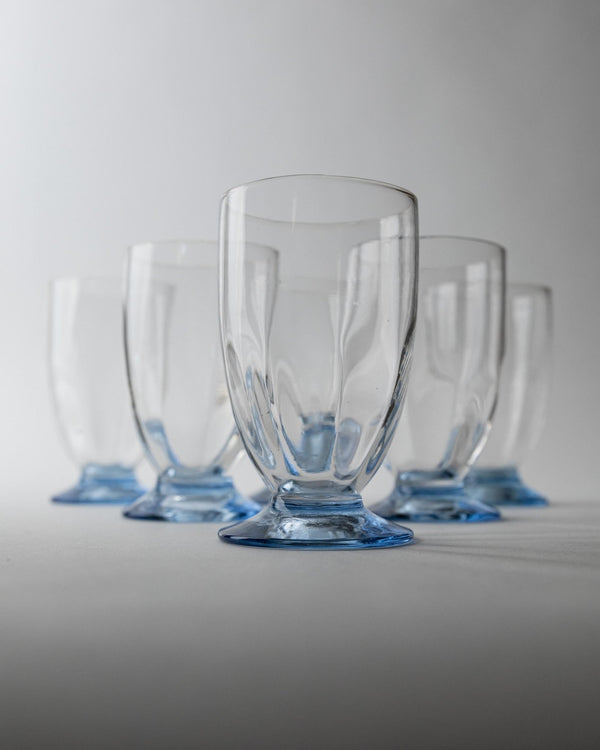 Vintage 1980s Drinking Glasses Set of 6, Clear Glass with Blue Stems, for Wine, Cocktails or Water, Elegant Tableware, Timeless Gift Idea_Bottega Jacobs