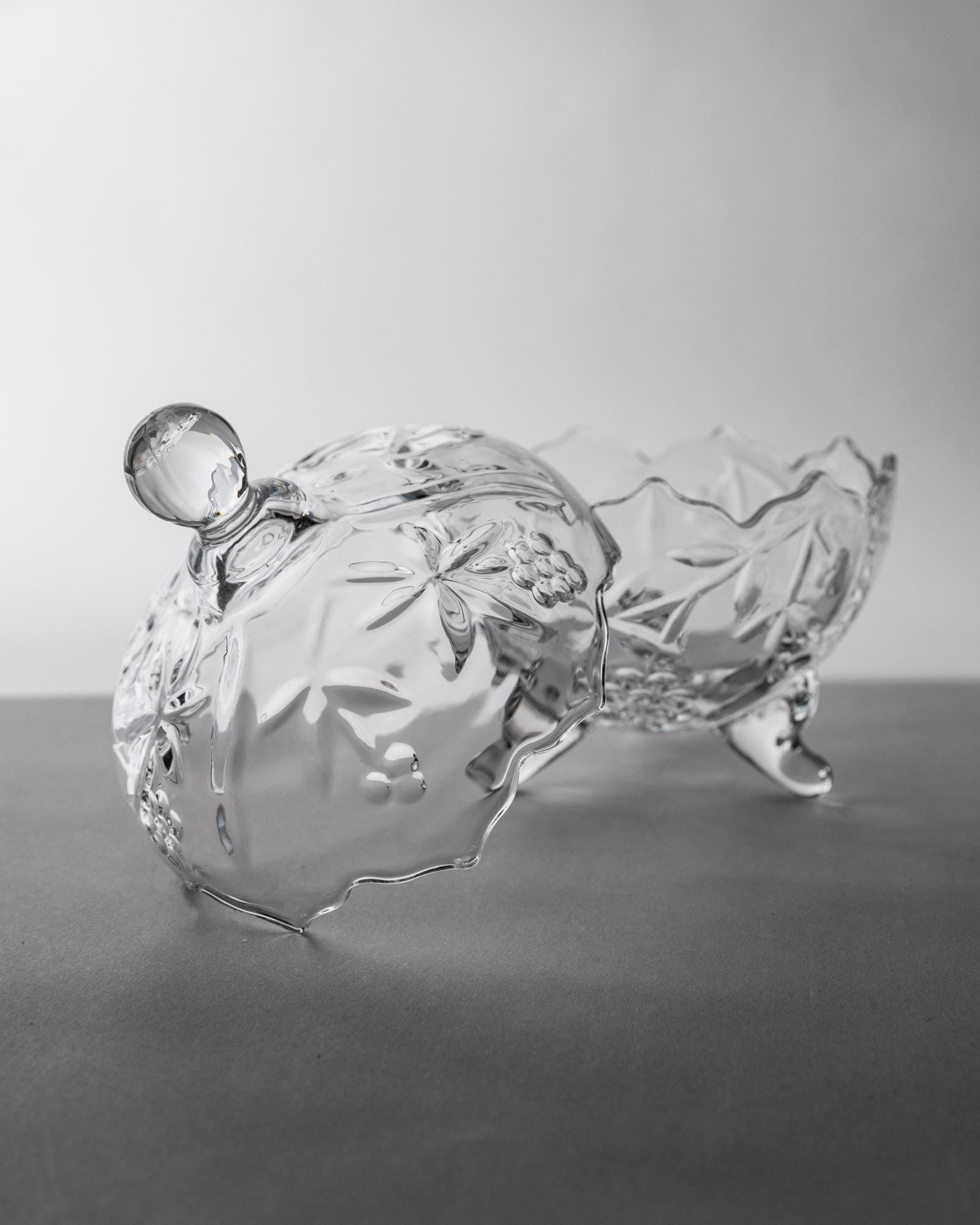 Vintage 1980s Glass Bonboniere, Footed Lidded Bowl, Three Feet with Textured Clear Glass and Sphere Knob, Table Decor, Elegant Gift Idea_Bottega Jacobs