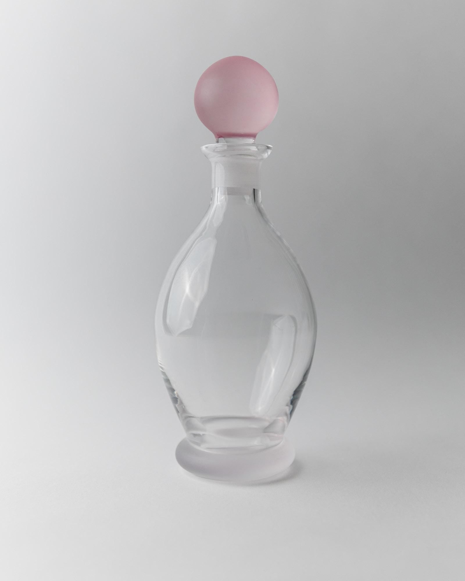 Vintage 1980s Glass Decanter Set of 2, Clear Glass with pink, blue Stoppers, Different Sculptural Shapes, Bar Accessory, Elegant Gift Idea_Bottega Jacobs