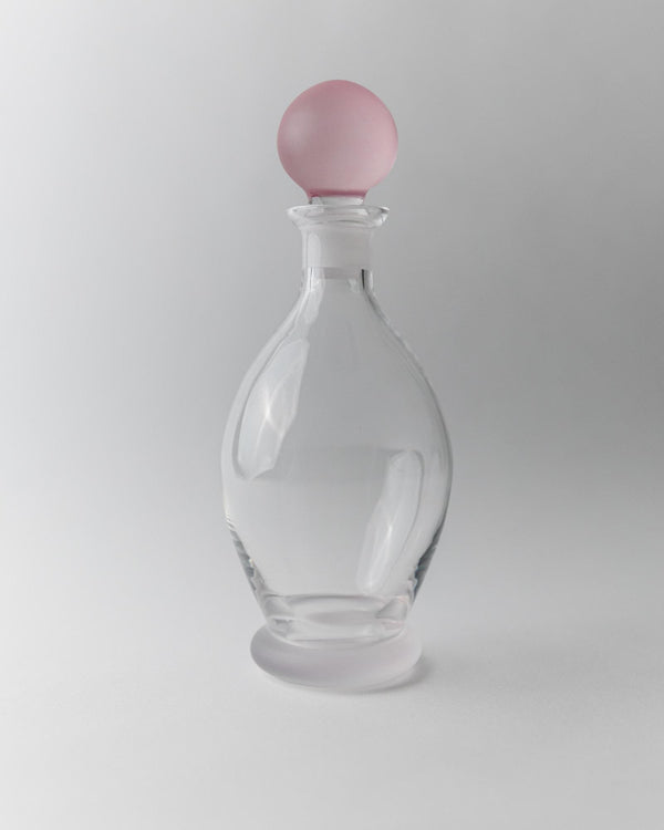 Vintage 1980s Glass Decanter Set of 2, Clear Glass with pink, blue Stoppers, Different Sculptural Shapes, Bar Accessory, Elegant Gift Idea_Bottega Jacobs