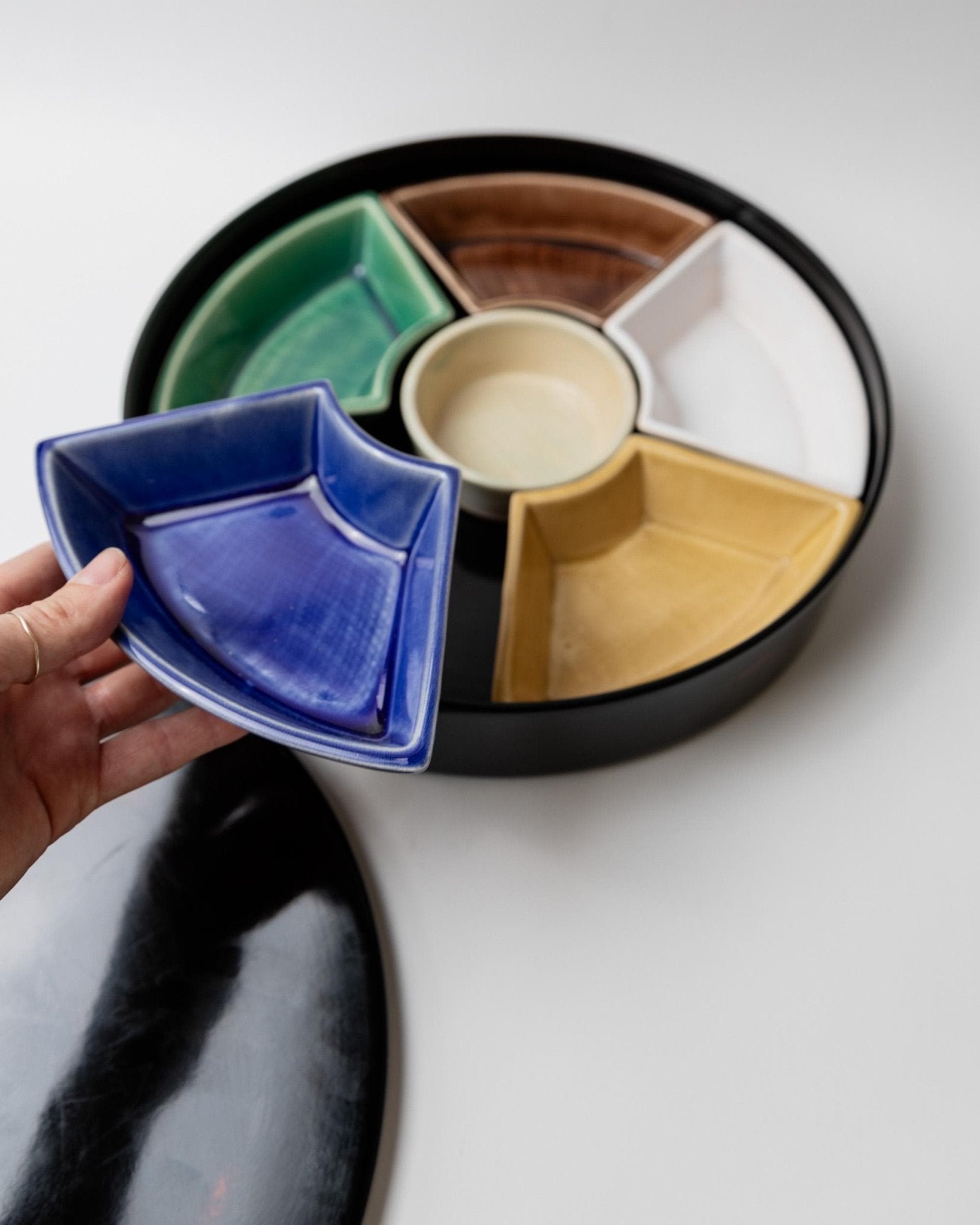 Vintage 1980s Japanese Studio Pottery Snack Bowl Set, Rare Ceramic Serving Set with Outer Shell and Integrated Tray, Tableware Gift Idea_Bottega Jacobs