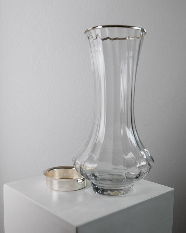 Vintage 1980s Large Glass Vase, Clear Glass with Fine Linear Pattern and Silver Plated Details, Elegant Sculptural Flower Vase, Gift Idea_Bottega Jacobs