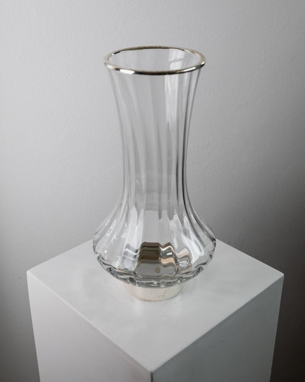 Vintage 1980s Large Glass Vase, Clear Glass with Fine Linear Pattern and Silver Plated Details, Elegant Sculptural Flower Vase, Gift Idea_Bottega Jacobs