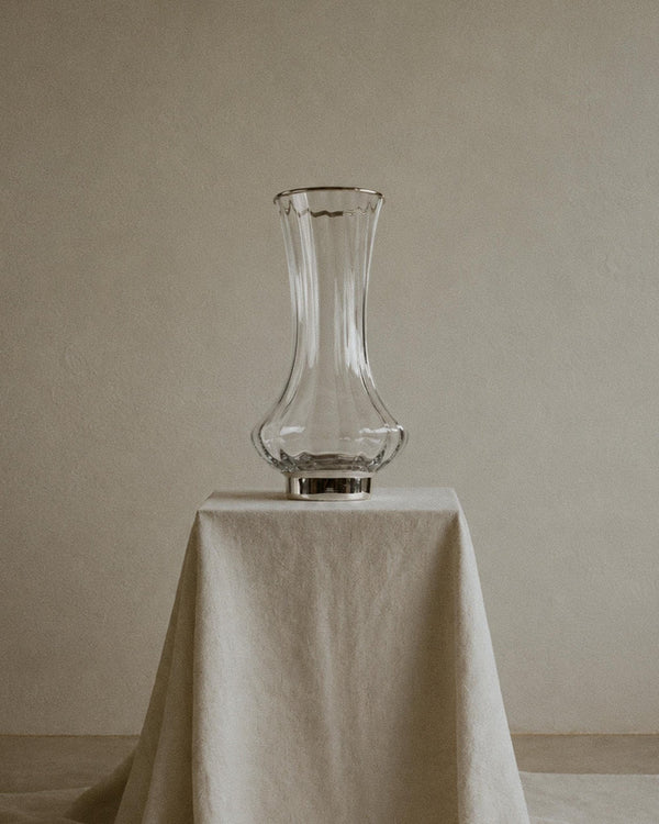 Vintage 1980s Large Glass Vase, Clear Glass with Fine Linear Pattern and Silver Plated Details, Elegant Sculptural Flower Vase, Gift Idea_Bottega Jacobs