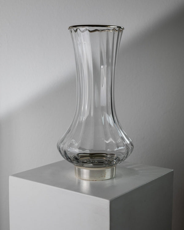 Vintage 1980s Large Glass Vase, Clear Glass with Fine Linear Pattern and Silver Plated Details, Elegant Sculptural Flower Vase, Gift Idea_Bottega Jacobs