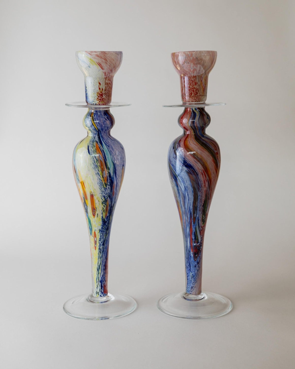 Vintage 1980s Large Murano Glass Candle Holders Set of 2, Colorful Gradient Art Glass, Sculptural Italian Design, Elegant Gift Idea_Bottega Jacobs