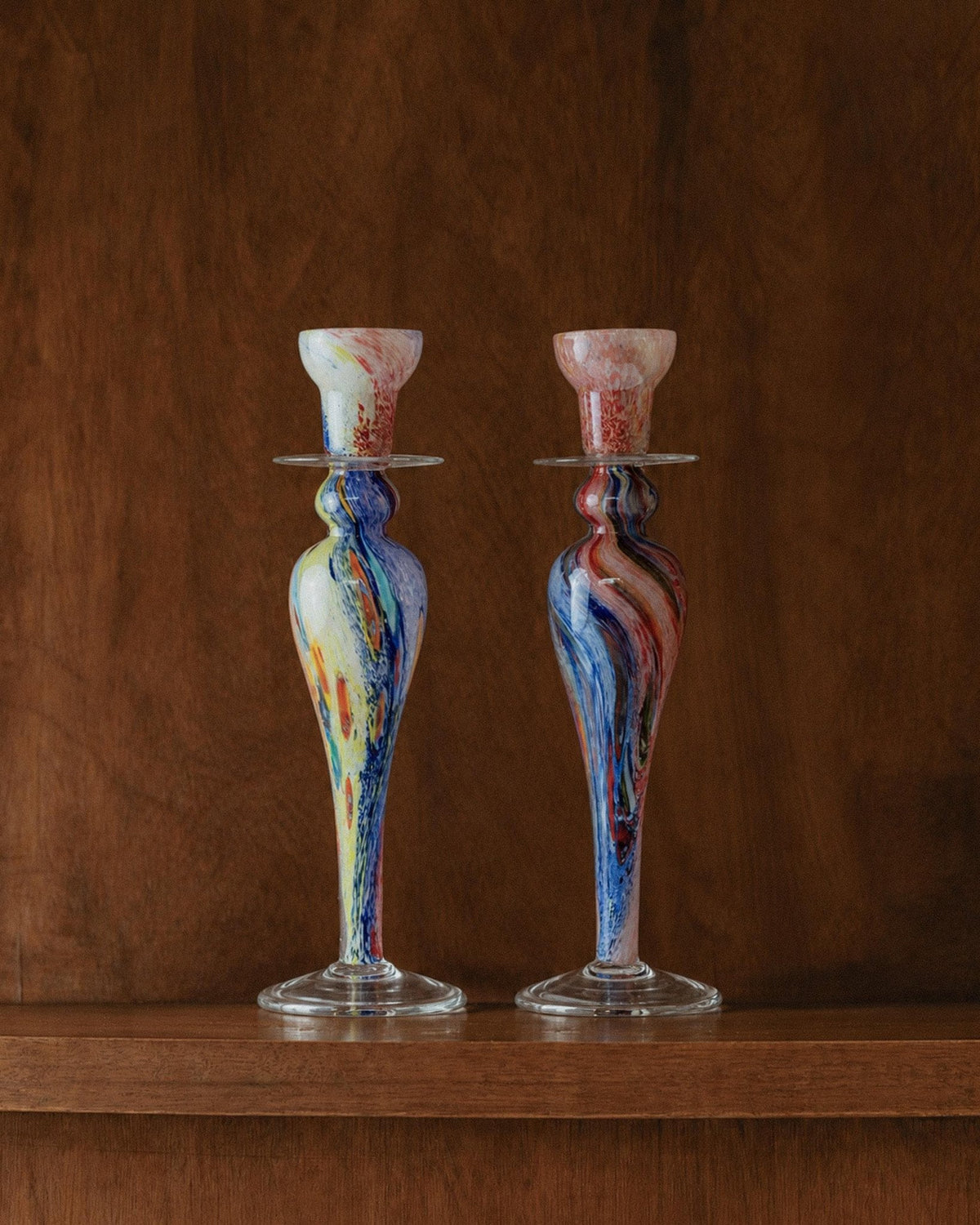 Vintage 1980s Large Murano Glass Candle Holders Set of 2, Colorful Gradient Art Glass, Sculptural Italian Design, Elegant Gift Idea_Bottega Jacobs