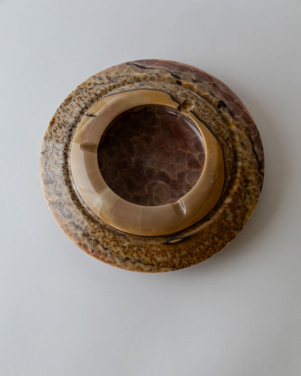 Vintage 1980s Onyx Ashtray, Large round Brutalist Design, brown beige tones, Sculptural Table Accent, Modernist Object, Elegant Gift Idea_Bottega Jacobs