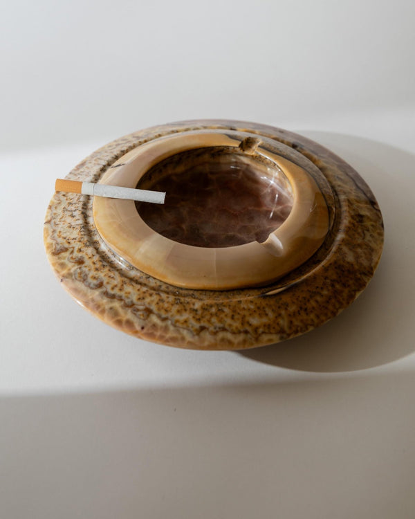 Vintage 1980s Onyx Ashtray, Large round Brutalist Design, brown beige tones, Sculptural Table Accent, Modernist Object, Elegant Gift Idea_Bottega Jacobs