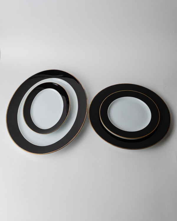 Vintage 1980s Porcelain Dinnerware Set for 12, Black White with Gold Rim by Eschenbach Bavaria Germany, Classic Elegant Tableware, Gift Idea_Bottega Jacobs