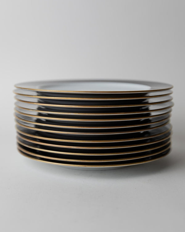 Vintage 1980s Porcelain Dinnerware Set for 12, Black White with Gold Rim by Eschenbach Bavaria Germany, Classic Elegant Tableware, Gift Idea_Bottega Jacobs