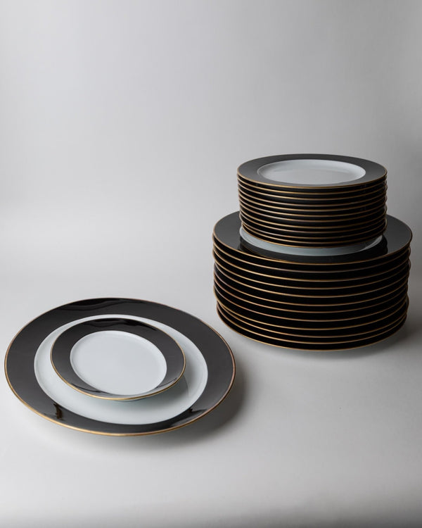 Vintage 1980s Porcelain Dinnerware Set for 12, Black White with Gold Rim by Eschenbach Bavaria Germany, Classic Elegant Tableware, Gift Idea_Bottega Jacobs