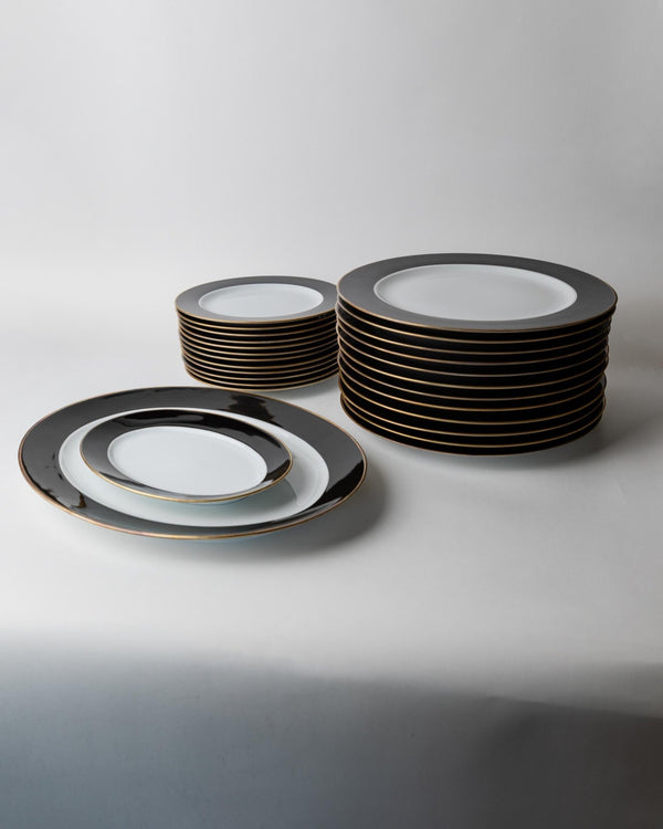 Vintage 1980s Porcelain Dinnerware Set for 12, Black White with Gold Rim by Eschenbach Bavaria Germany, Classic Elegant Tableware, Gift Idea_Bottega Jacobs