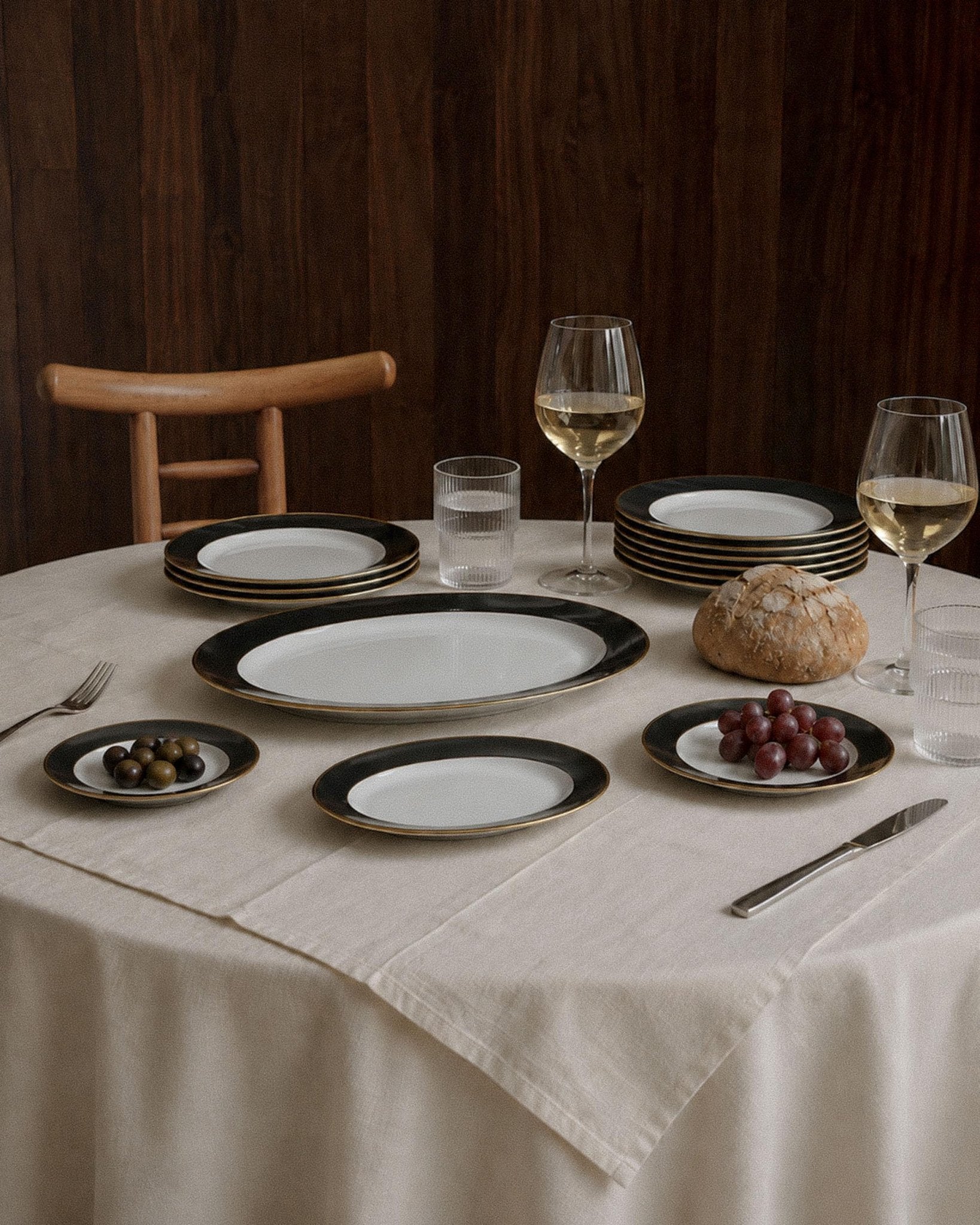 Vintage 1980s Porcelain Dinnerware Set for 12, Black White with Gold Rim by Eschenbach Bavaria Germany, Classic Elegant Tableware, Gift Idea_Bottega Jacobs