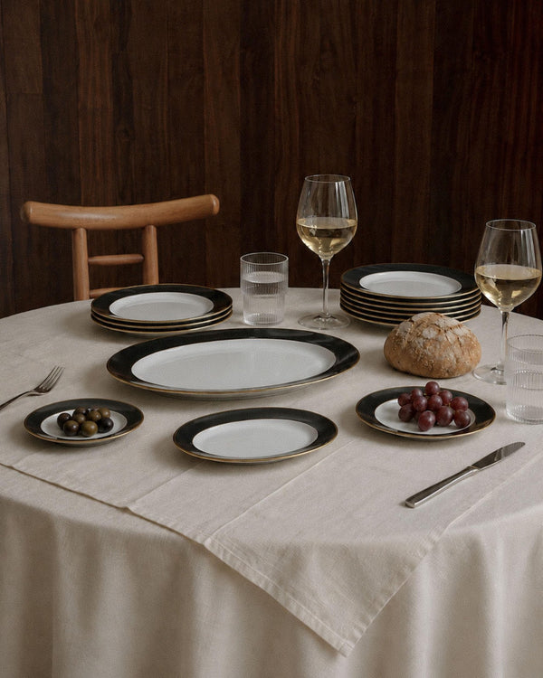 Vintage 1980s Porcelain Dinnerware Set for 12, Black White with Gold Rim by Eschenbach Bavaria Germany, Classic Elegant Tableware, Gift Idea_Bottega Jacobs
