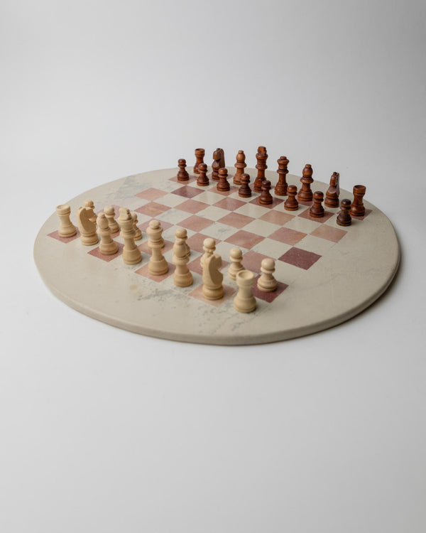 Vintage 1980s round Marble Chess Set, Beige and Rose Marble Chess Board with Wooden Pieces, Classic Strategy Game, Table Game, Gift Idea_Bottega Jacobs