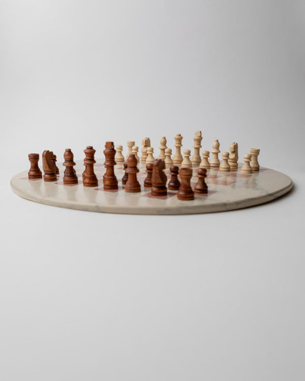 Vintage 1980s round Marble Chess Set, Beige and Rose Marble Chess Board with Wooden Pieces, Classic Strategy Game, Table Game, Gift Idea_Bottega Jacobs