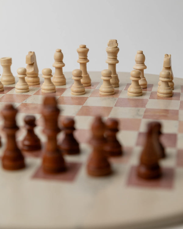 Vintage 1980s round Marble Chess Set, Beige and Rose Marble Chess Board with Wooden Pieces, Classic Strategy Game, Table Game, Gift Idea_Bottega Jacobs