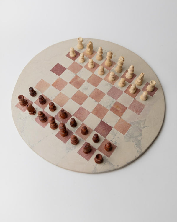 Vintage 1980s round Marble Chess Set, Beige and Rose Marble Chess Board with Wooden Pieces, Classic Strategy Game, Table Game, Gift Idea_Bottega Jacobs