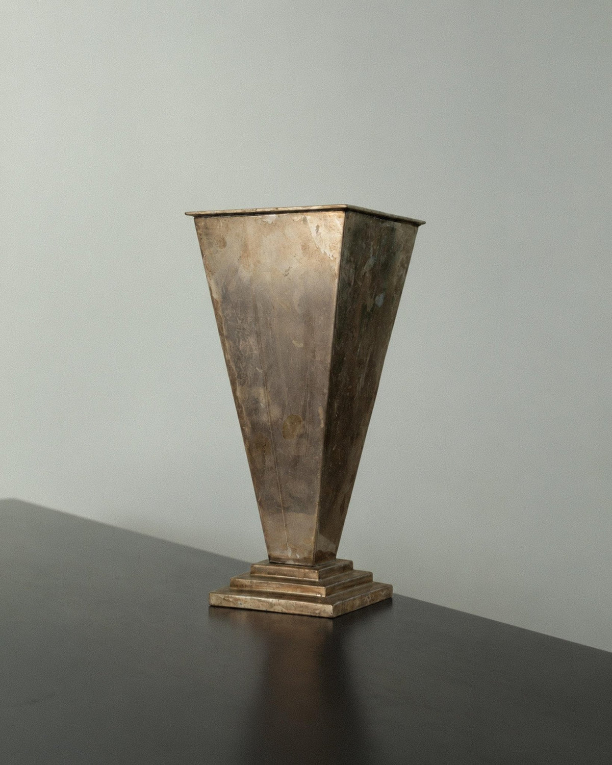 Vintage 1980s Silver Plated Pyramid Vase, Stepped Base, Beautiful Patina, Sculptural Postmodern Flower Vase, Elegant Home Decor, Gift Idea_Bottega Jacobs