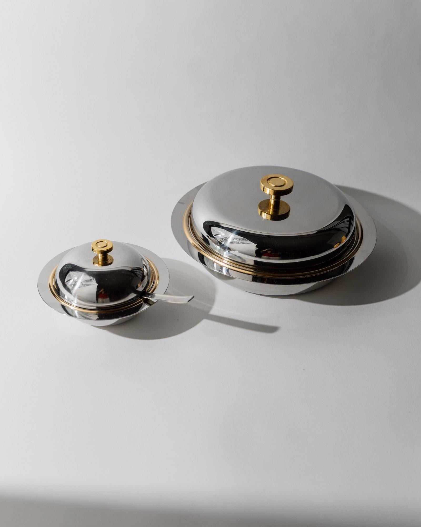 Vintage 1980s Stainless Steel Salad Bowls with Lids, Set of 2 Bowls, Golden Details, for Salads Soups or Desserts, Table Decor, Gift Idea_Bottega Jacobs