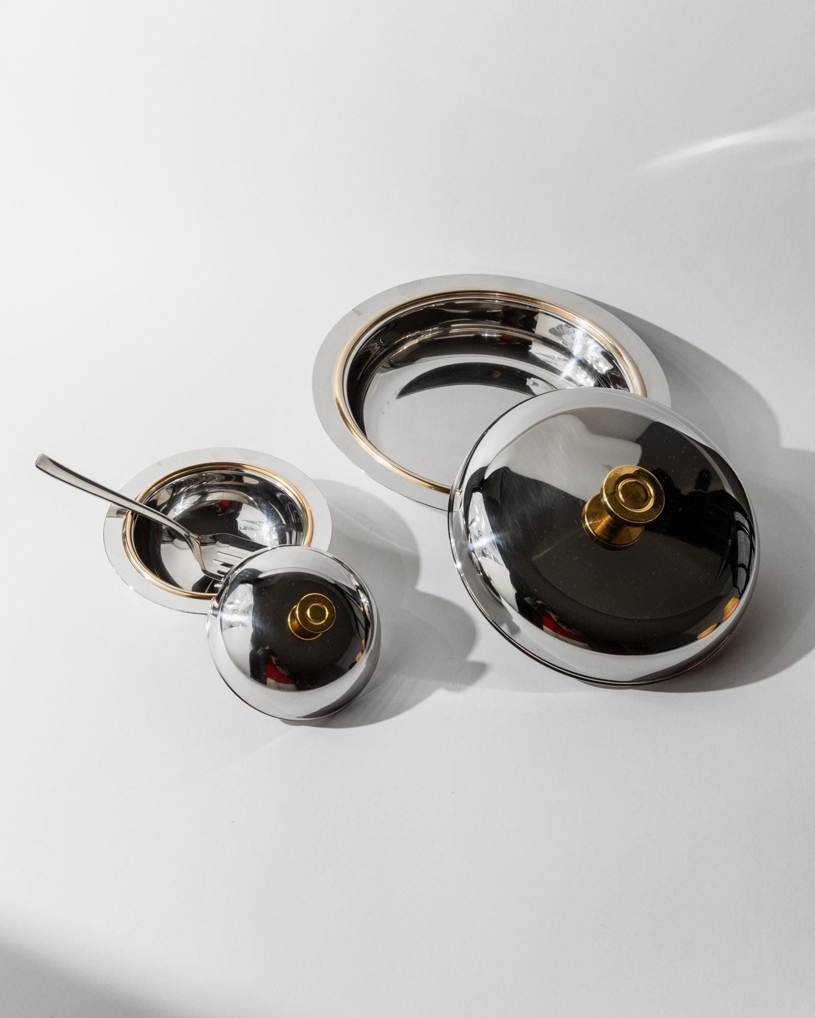 Vintage 1980s Stainless Steel Salad Bowls with Lids, Set of 2 Bowls, Golden Details, for Salads Soups or Desserts, Table Decor, Gift Idea_Bottega Jacobs