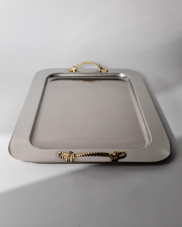 Vintage 1980s Stainless Steel Tray, Gold Rope Handles by Inoxpran Italy, Retro Serveware Decor, Timeless Design, Elegant Gift Idea_Bottega Jacobs