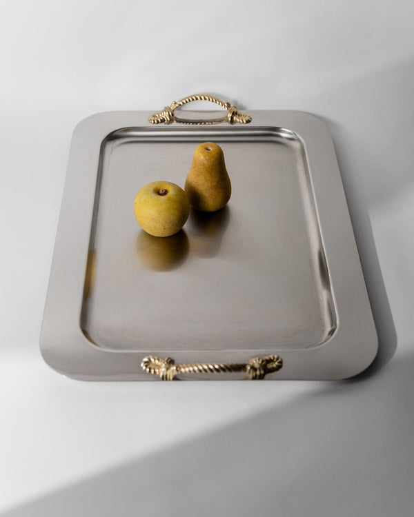 Vintage 1980s Stainless Steel Tray, Gold Rope Handles by Inoxpran Italy, Retro Serveware Decor, Timeless Design, Elegant Gift Idea_Bottega Jacobs