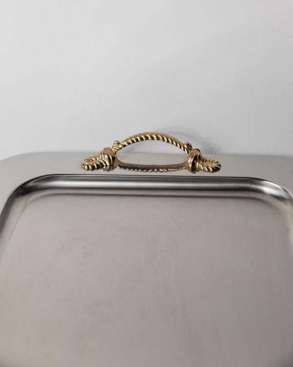 Vintage 1980s Stainless Steel Tray, Gold Rope Handles by Inoxpran Italy, Retro Serveware Decor, Timeless Design, Elegant Gift Idea_Bottega Jacobs