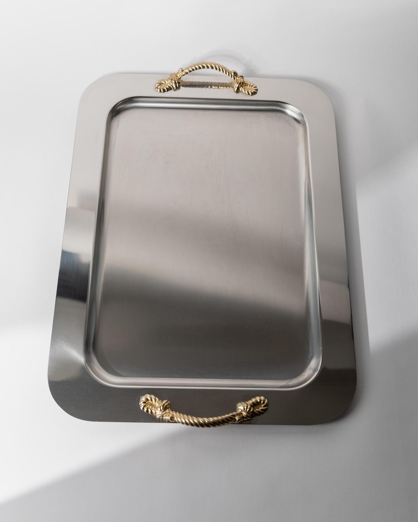 Vintage 1980s Stainless Steel Tray, Gold Rope Handles by Inoxpran Italy, Retro Serveware Decor, Timeless Design, Elegant Gift Idea_Bottega Jacobs