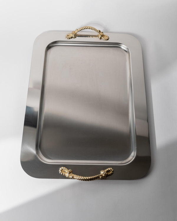 Vintage 1980s Stainless Steel Tray, Gold Rope Handles by Inoxpran Italy, Retro Serveware Decor, Timeless Design, Elegant Gift Idea_Bottega Jacobs