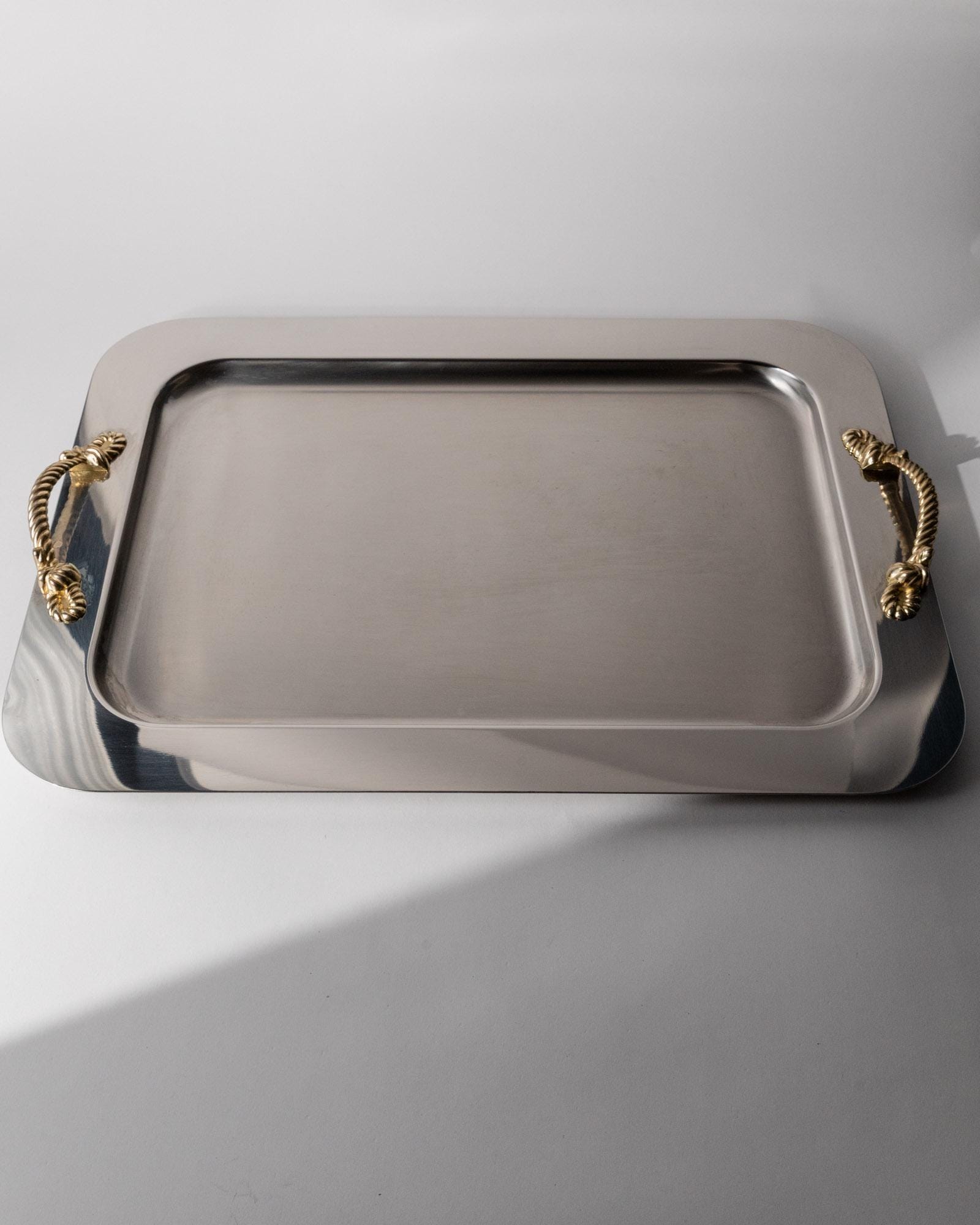 Vintage 1980s Stainless Steel Tray, Gold Rope Handles by Inoxpran Italy, Retro Serveware Decor, Timeless Design, Elegant Gift Idea_Bottega Jacobs