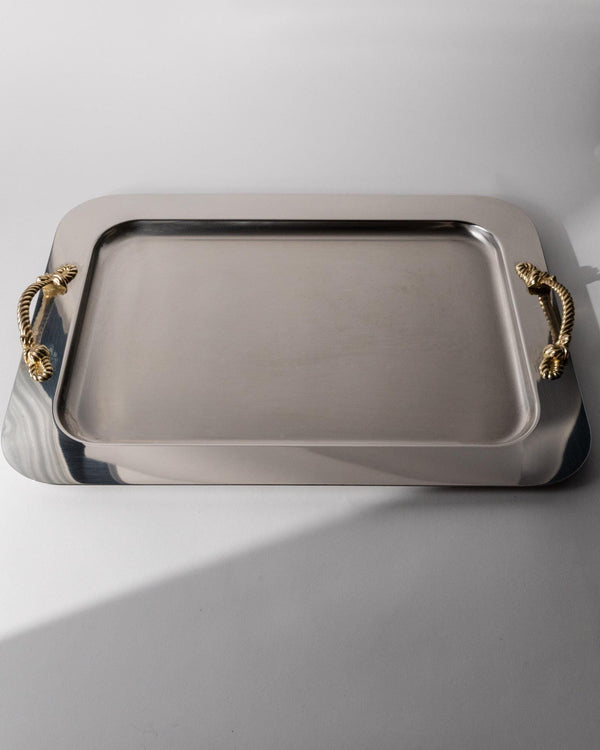 Vintage 1980s Stainless Steel Tray, Gold Rope Handles by Inoxpran Italy, Retro Serveware Decor, Timeless Design, Elegant Gift Idea_Bottega Jacobs