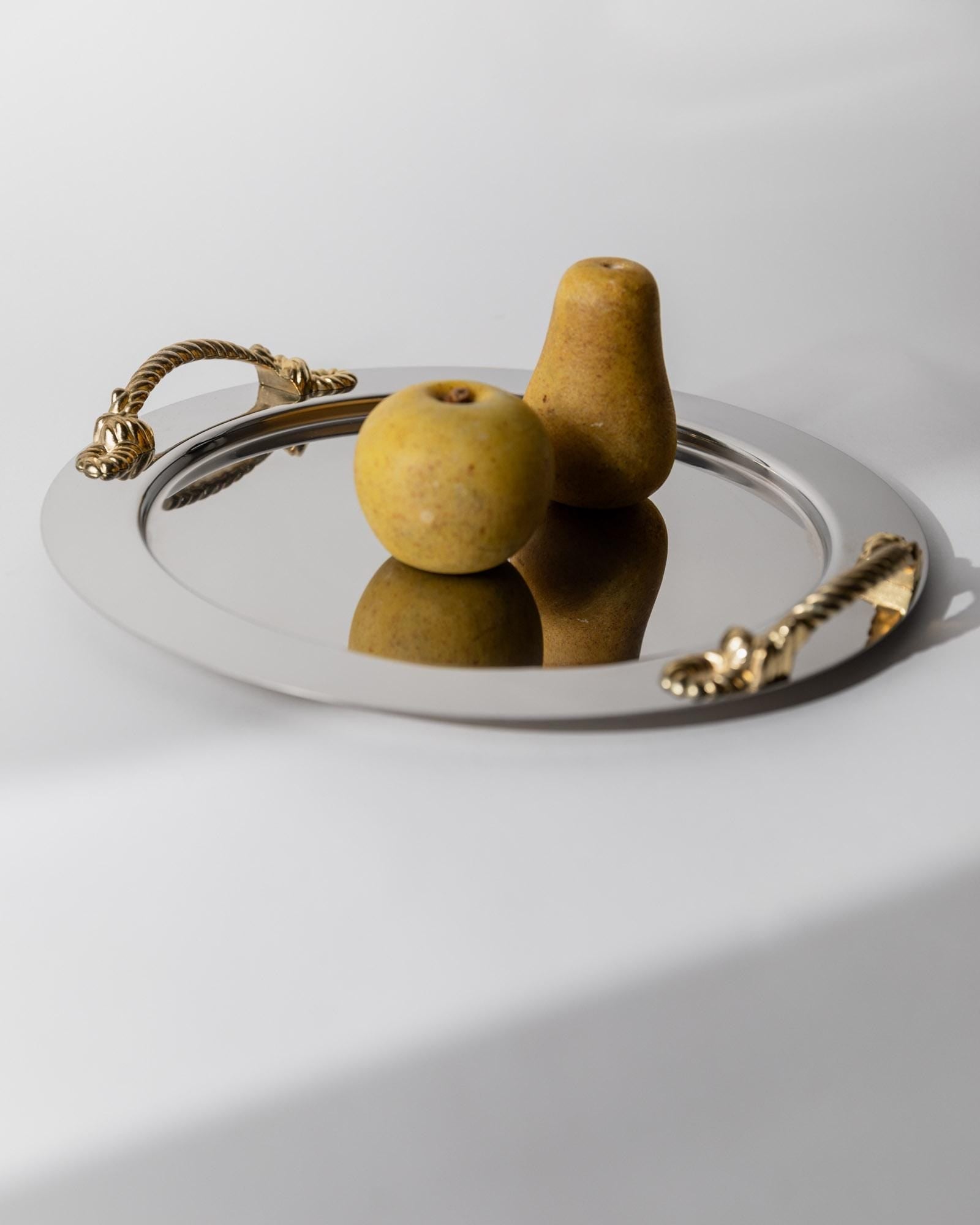 Vintage 1980s Stainless Steel Tray round, Gold Rope Handles by Inoxpran Italy, Retro Serveware Decor, Timeless Design, Elegant Gift Idea_Bottega Jacobs