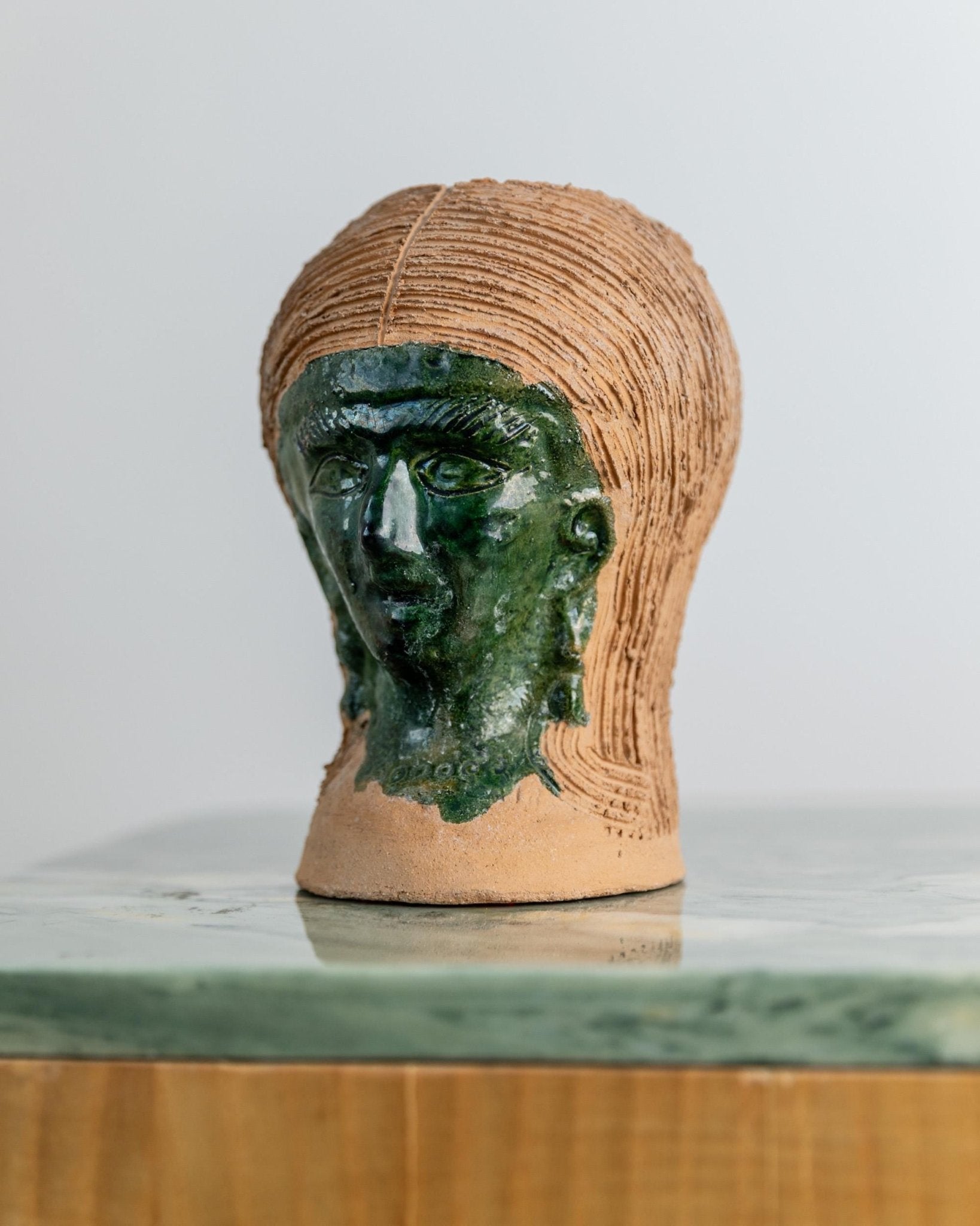 Vintage 1980s Studio Pottery Vase, Sculptural Head Form with Green Glazed Face, Terracotta Art Object, Decorative Ceramic Design, Gift Idea_Bottega Jacobs