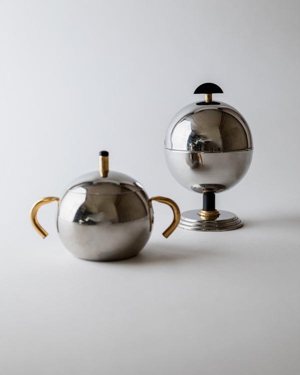 Vintage 1980s Sugar or Jam Bowl Set, Stainless Steel and Brass Serving Bowls, Elegant Postmodern Tableware, Breakfast Set, Gift Idea_Bottega Jacobs