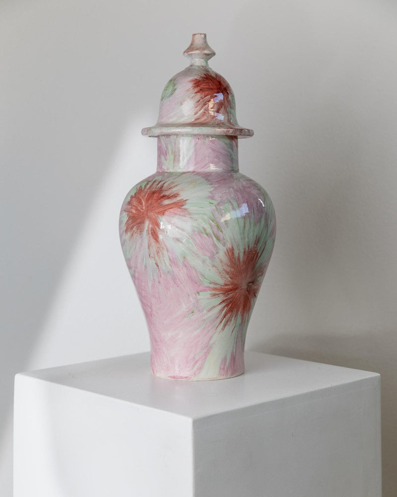 Vintage 1990s Ceramic Lidded Vase, Glazed Pink, Mint, Orange, Large Decorative Piece Design Italy, Retro Home Decor, Elegant Gift Idea_Bottega Jacobs