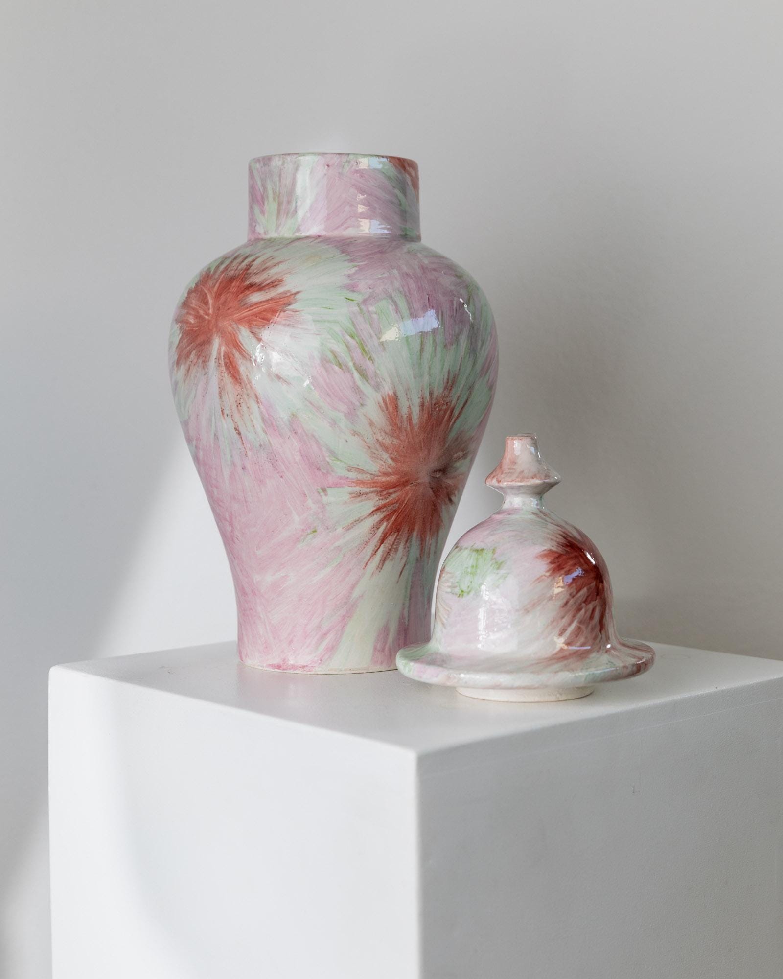 Vintage 1990s Ceramic Lidded Vase, Glazed Pink, Mint, Orange, Large Decorative Piece Design Italy, Retro Home Decor, Elegant Gift Idea_Bottega Jacobs