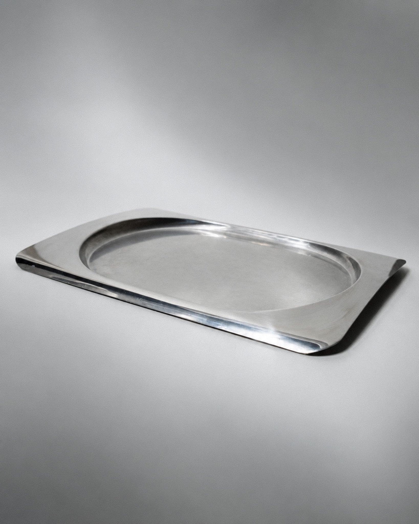 Vintage 1990s Stainless Steel Tray, Rectangular with Oval Recess, Minimalist Modern Design, Functional Serving Piece, Elegant Gift Idea_Bottega Jacobs