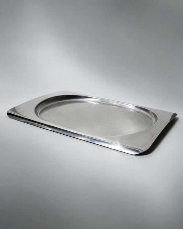 Vintage 1990s Stainless Steel Tray, Rectangular with Oval Recess, Minimalist Modern Design, Functional Serving Piece, Elegant Gift Idea_Bottega Jacobs