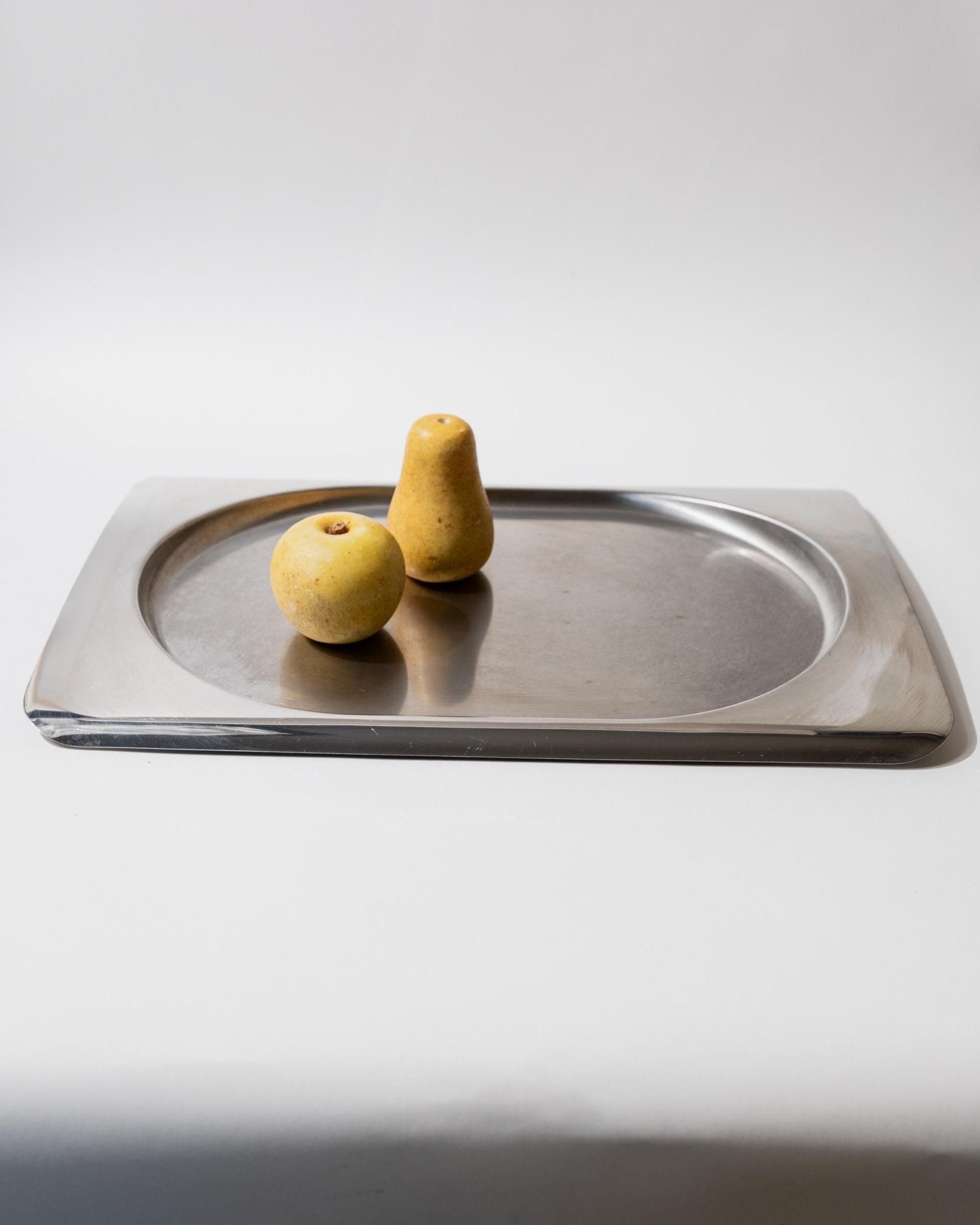 Vintage 1990s Stainless Steel Tray, Rectangular with Oval Recess, Minimalist Modern Design, Functional Serving Piece, Elegant Gift Idea_Bottega Jacobs