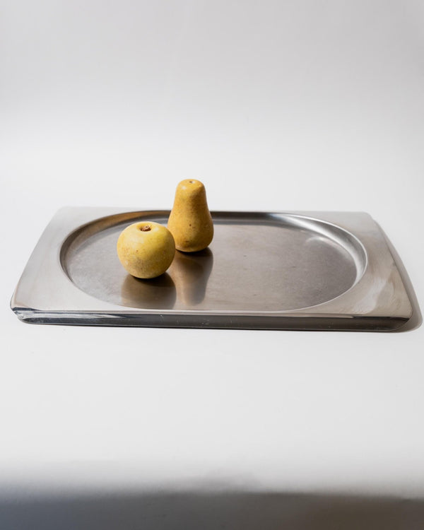 Vintage 1990s Stainless Steel Tray, Rectangular with Oval Recess, Minimalist Modern Design, Functional Serving Piece, Elegant Gift Idea_Bottega Jacobs