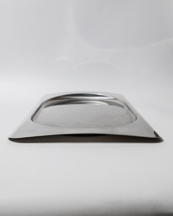 Vintage 1990s Stainless Steel Tray, Rectangular with Oval Recess, Minimalist Modern Design, Functional Serving Piece, Elegant Gift Idea_Bottega Jacobs