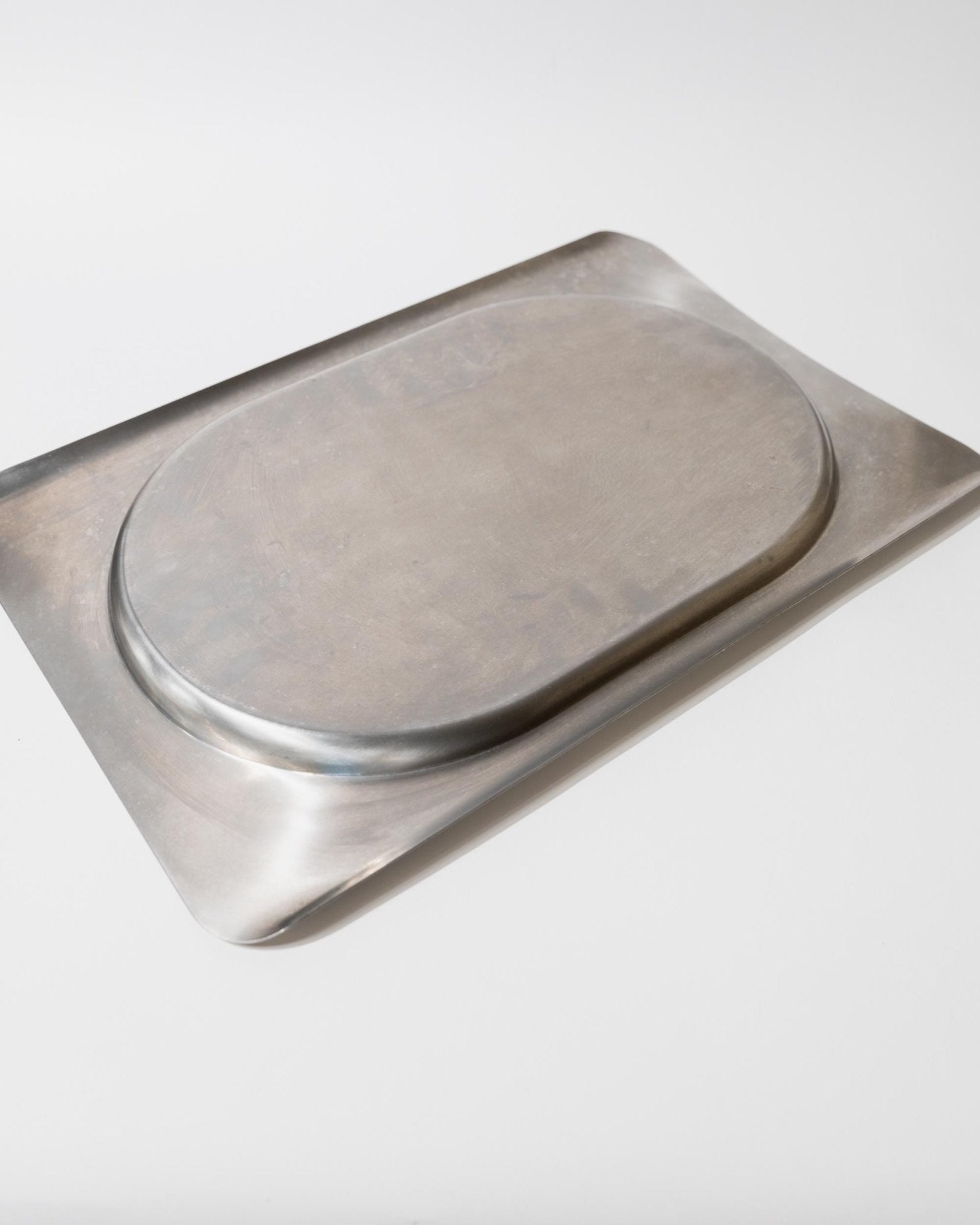 Vintage 1990s Stainless Steel Tray, Rectangular with Oval Recess, Minimalist Modern Design, Functional Serving Piece, Elegant Gift Idea_Bottega Jacobs