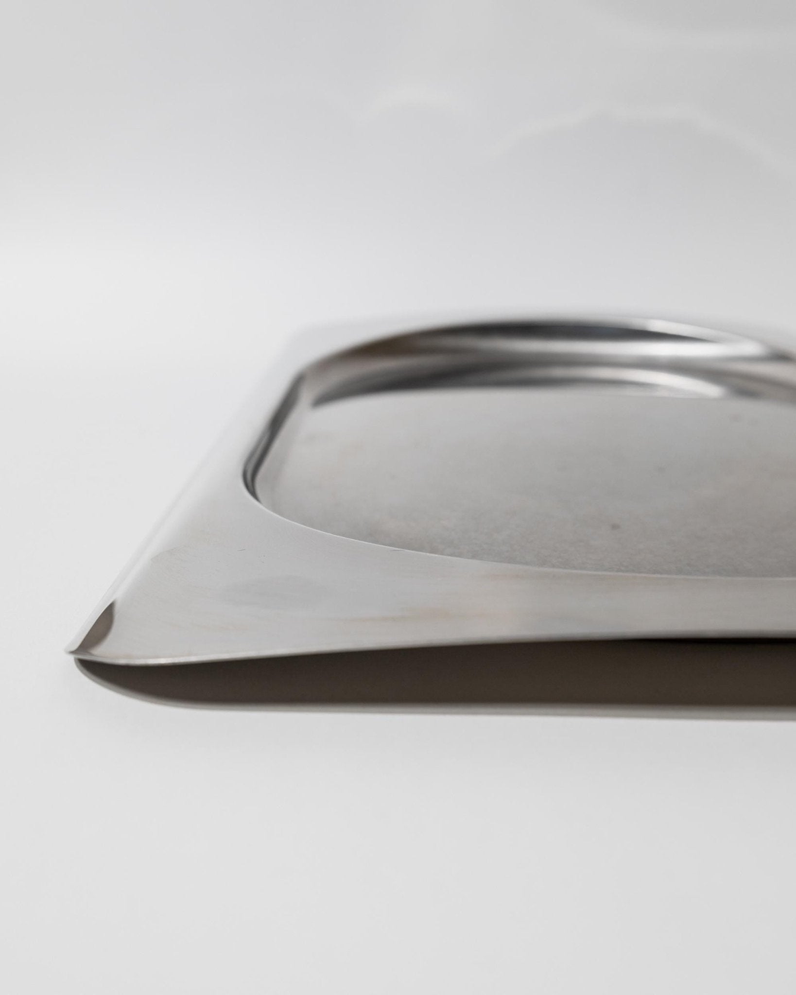 Vintage 1990s Stainless Steel Tray, Rectangular with Oval Recess, Minimalist Modern Design, Functional Serving Piece, Elegant Gift Idea_Bottega Jacobs