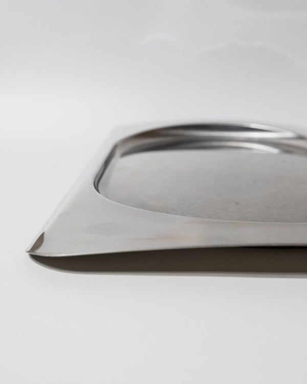 Vintage 1990s Stainless Steel Tray, Rectangular with Oval Recess, Minimalist Modern Design, Functional Serving Piece, Elegant Gift Idea_Bottega Jacobs
